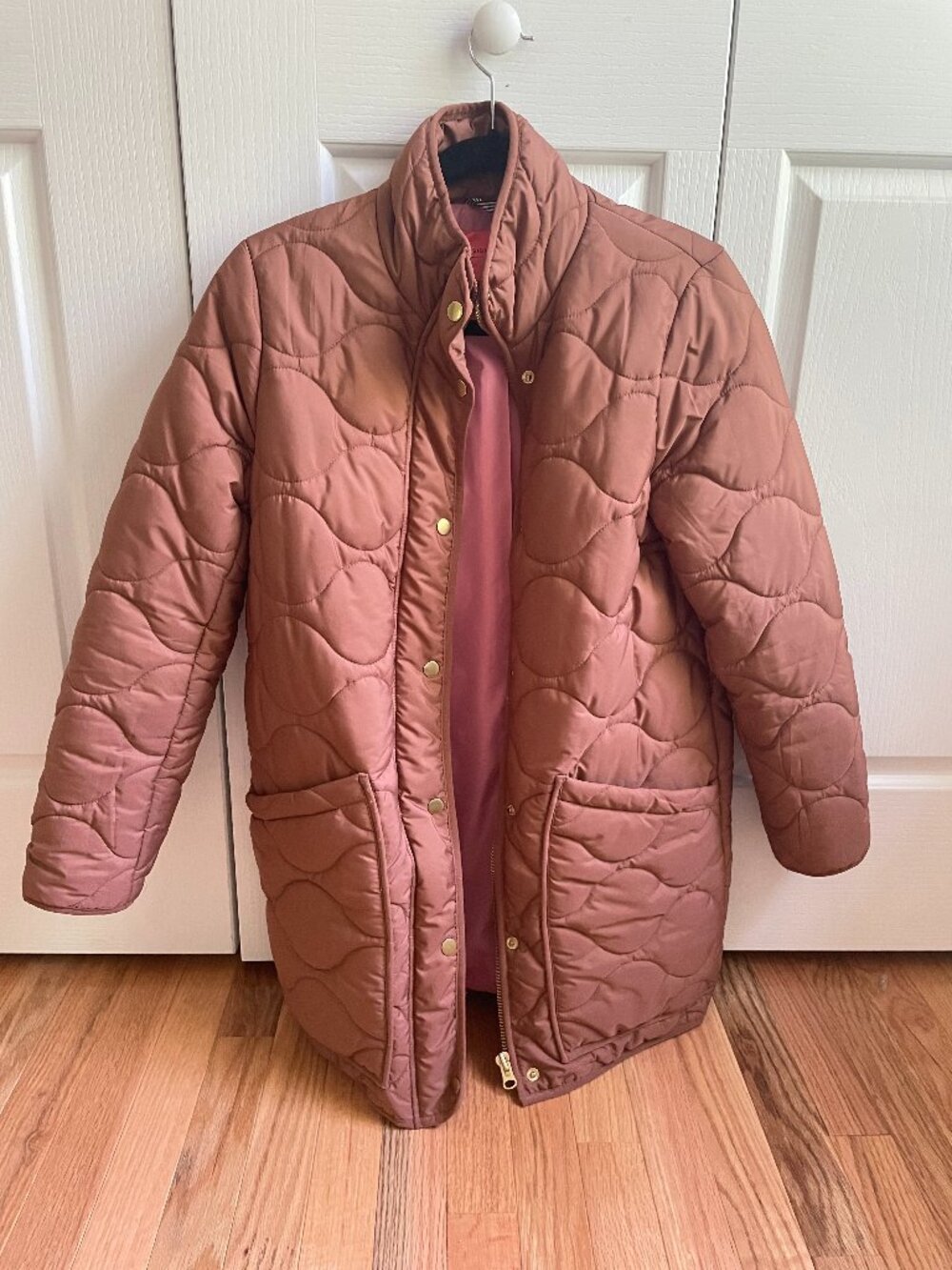 J. Crew Quilted Cocoon Puffer Coat in Nutmeg Brown with Pink Lining (XS)